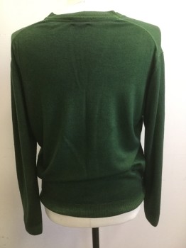 Mens, Pullover Sweater, SAND, Kelly Green, Wool, Solid, L, V-neck, Ribbed Neck/ Waist/ Cuffs