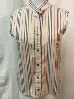 Womens, Top, BURBERRY, Khaki Brown, Red, Black, Cream, Cotton, Stripes - Vertical , S, Button Front, Collar Band, Sleeveless