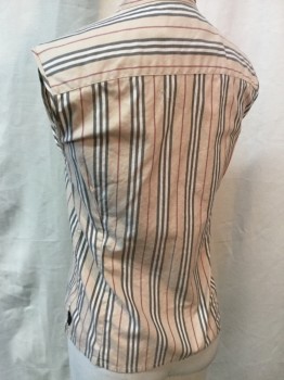 Womens, Top, BURBERRY, Khaki Brown, Red, Black, Cream, Cotton, Stripes - Vertical , S, Button Front, Collar Band, Sleeveless