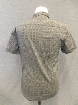 JOHN VARVATOS, Black, Olive Green, Viscose, Medallion Pattern, Button Front, Collar Attached, Short Sleeves, Rolled Back Cuff