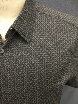 JOHN VARVATOS, Black, Olive Green, Viscose, Medallion Pattern, Button Front, Collar Attached, Short Sleeves, Rolled Back Cuff