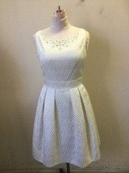 Womens, Cocktail Dress, ELIZA J, White, Gold, Polyester, Nylon, Dots, XL, White and Gold Dot Pattern Brocade. Sleeveless Dress, Princess Line with Rhinestone and Pearl Beaded Scoop Neck. Skirt Pleated to Waist, Zipper Center Back,