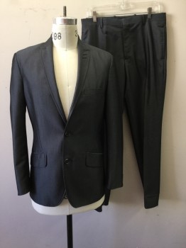 INC, Charcoal Gray, Silver, Polyester, Viscose, Stripes - Micro, Single Breasted, Collar Attached, Peaked Lapel, 3 Pockets, 2 Buttons,