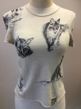 CELINE, Ivory White, Gray, Black, Silk, Animals, Short Sleeves, Nubby Texture, Foxes Knit, Front Shorter Than the Back