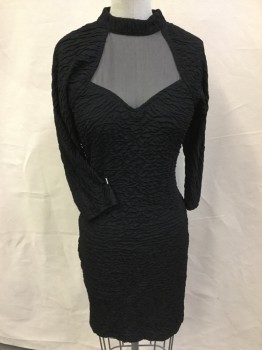 ABSOLUTELY, Black, Polyester, Acetate, Solid, Black Wrinkle Texture, Mock Neck, Black Sheer Cut Out Chest/cleavage, 3/4 Sleeves, Fitted, 2 Black Button @ Back Neck, Partial Open Back, Pull Over