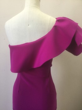 Womens, Cocktail Dress, CHIARA BONI, Magenta Pink, Polyester, Spandex, Solid, XS, Electric Magenta Stretchy Material, Asymmetric 1 Shoulder Sleeve with Voluminous Self Ruffle Along Bust, Form Fitting, Hem Above Knee