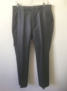 Mens, Suit, Pants, KENNETH COLE REACTIO, Dk Gray, Polyester, Rayon, Solid, Ins:32, W:37, Faint Crosshatched/Grid Pattern, Flat Front, Tab Waist, Zip Fly, 4 Pockets
