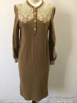LEAMOND DEAN, Tobacco Brown, Cream, Wool, Solid, Paisley/Swirls, Knit Sweater Dress, L/S, Crew Neck, with 4 Gold Button Front, Cream Paisley Pattern on Bodice and Sleeves, Hem Below Knee