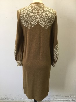 LEAMOND DEAN, Tobacco Brown, Cream, Wool, Solid, Paisley/Swirls, Knit Sweater Dress, L/S, Crew Neck, with 4 Gold Button Front, Cream Paisley Pattern on Bodice and Sleeves, Hem Below Knee
