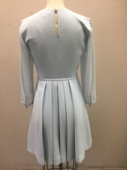 Womens, Cocktail Dress, TED BAKER, Powder Blue, Polyester, Spandex, Solid, 0, Sheer Chiffon 3/4 Sleeves, Opaque Body, Round Neck, 3 Self Fabric 3D Bows Vertically at Center Front, with Silver Metal Centers, Thin Grosgrain Band at Waistline, A-Line, Hem Above Knee
