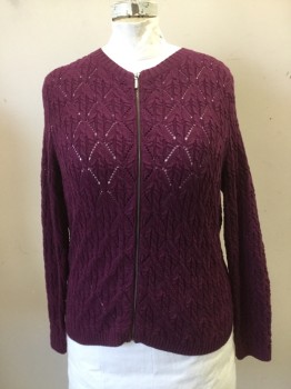 TALBOTS, Aubergine Purple, Cotton, Lace Knit, Zip Fly, Ribbed Knit, Crew Neck, Long Sleeves,