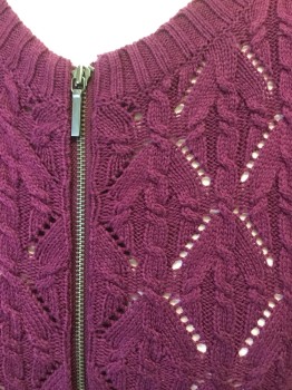 TALBOTS, Aubergine Purple, Cotton, Lace Knit, Zip Fly, Ribbed Knit, Crew Neck, Long Sleeves,