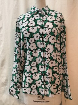 STELLA MCCARTNEY, Black, Green, White, Gray, Silk, Floral, Black with Green/ White/ Gray Floral Print, Button Front, Collar Attached, Long Sleeves,