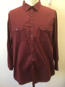 CLAIBORNE, Red Burgundy, Cotton, Solid, Ribbed Texture, Long Sleeve Button Front, Collar Attached, 2 Flap Pockets with Button Closures