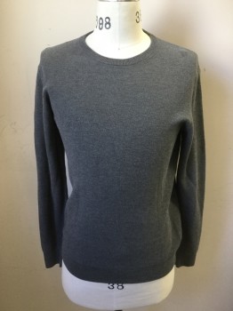 Mens, Pullover Sweater, THEORY, Medium Gray, Cotton, Solid, M, Pique Knit, Long Sleeves, Crew Neck, Ribbed Knit Neck/Waistband/Cuff