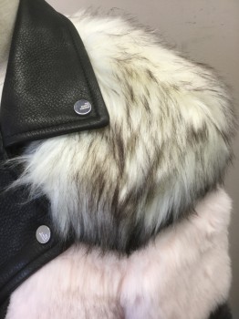 Womens, Casual Jacket, THE MIGHTY CO, Black, Lt Pink, Dk Gray, White, Dk Brown, Leather, Faux Fur, Solid, XS, Black Leather Base, with 4Tiers of Faux Fur, White with Dark Brown Tips, Light Pink, Dark Gray, and White at Bottom, Moto Style Collar and Zippers, High End Luxury Item