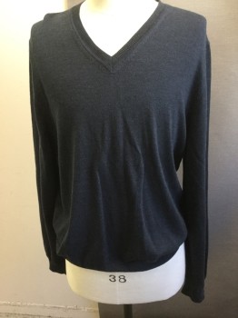 Mens, Pullover Sweater, BLOOMINGDALES, Navy Blue, Wool, Solid, XL, Heathered Navy, V-neck,