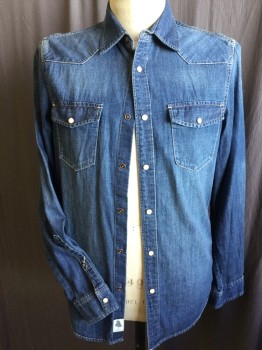 L.O.G.G, Blue, Cotton, Solid, Blue Denim, Collar Attached, Western Yokes Upper Front & Back, Milky White Snap Front 2 Pockets with Flap, Long Sleeves,