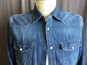 Mens, Western, L.O.G.G, Blue, Cotton, Solid, S, Blue Denim, Collar Attached, Western Yokes Upper Front & Back, Milky White Snap Front 2 Pockets with Flap, Long Sleeves,