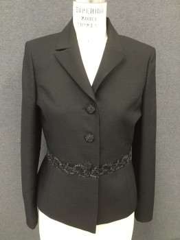 Womens, Suit, Jacket, LE SUIT, Black, Polyester, Solid, 8, Self Textured Fabric, Single Breasted, Collar Attached, Notched Lapel, 3 Buttons,  Front Waistband with Net Overlay Silver Thread Embroidered with Black Sequins
