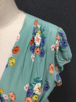 HOUSE OF FOXY, Mint Green, Purple, Yellow, White, Peach Orange, Viscose, Floral, 1930's Repro, Mint with Multicolor Floral Pattern, Crossover V-neck, Smocked Shoulder, Cap. Sleeve, Side Zip, Below Knee, 3" Waistband