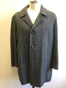 Mens, Coat, Overcoat, STAFFORD, Black, Gray, Wool, Nylon, Herringbone, 46R, Single Breasted, Collar Attached, Notched Lapel, 2 Pockets, Knee Length, **missing Button**