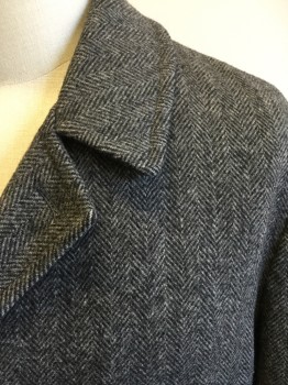 Mens, Coat, Overcoat, STAFFORD, Black, Gray, Wool, Nylon, Herringbone, 46R, Single Breasted, Collar Attached, Notched Lapel, 2 Pockets, Knee Length, **missing Button**