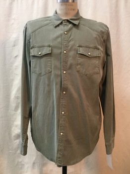 LUCKY, Olive Green, Lyocell, Cotton, Solid, Snap Front, Collar Attached, 2 Pockets, Long Sleeves,