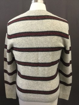 ABERCROMBIE & FITCH, Heather Gray, Red Burgundy, Charcoal Gray, Wool, Stripes, Crew Neck,