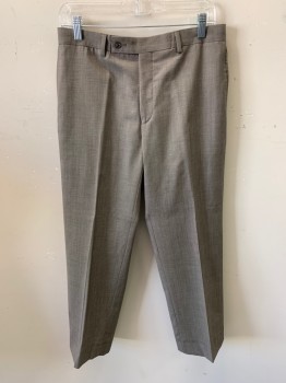 CALVIN KLEIN, Putty/Khaki Gray, Wool, Oxford Weave, Slacks, Zip Front, Button Closure, Extended Waistband, 4 Pockets, Flat Front, Creased