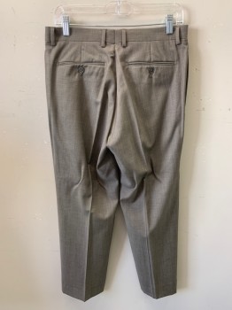 CALVIN KLEIN, Putty/Khaki Gray, Wool, Oxford Weave, Slacks, Zip Front, Button Closure, Extended Waistband, 4 Pockets, Flat Front, Creased