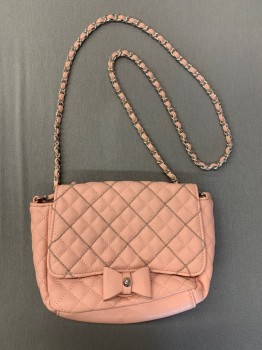 Womens, Purse, BETSEY JOHNSON, Lt Pink, Metallic, Silver, Polyester, Diamonds, Pink with Silver Metallic Quilted, Pink Bow Closure, Silver and Pink Braided Strap