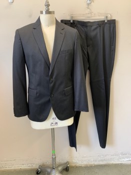 HUGO BOSS, Charcoal Gray, Wool, Viscose, Notched Lapel, Single Breasted, Button Front, 2 Buttons, 3 Pockets, Double Back Vent