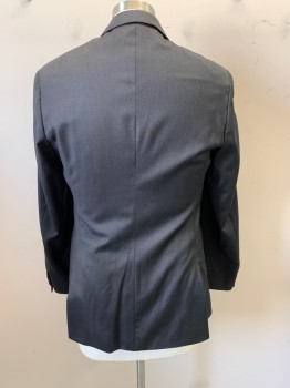 HUGO BOSS, Charcoal Gray, Wool, Viscose, Notched Lapel, Single Breasted, Button Front, 2 Buttons, 3 Pockets, Double Back Vent