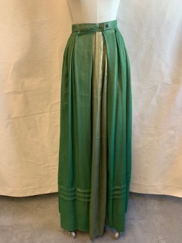 Womens, Historical Fiction Skirt, MTO, Green, Gold, Synthetic, Solid, W23, Pleated Waistband, Gold Panel in Front, Hook and Snap Closures, Pleats Near Hem