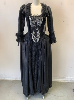 Womens, Historical Fict 2 Piece Dress, MTO, Black, Synthetic, Metallic/Metal, Novelty Pattern, Floral, W 24, B 34, BODICE- Made To Order, Pewter Frogs & Leaves, Jacquard Sleeves with Lace and Beaded Trimmings, Lightly Boned, Lace Up CB