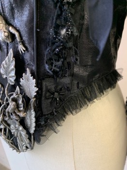 MTO, Black, Synthetic, Metallic/Metal, Novelty Pattern, Floral, BODICE- Made To Order, Pewter Frogs & Leaves, Jacquard Sleeves with Lace and Beaded Trimmings, Lightly Boned, Lace Up CB