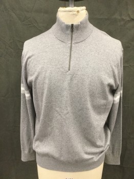 BANANA REPUBLIC, Heather Gray, White, Lt Gray, Cotton, Cashmere, Heather Gray with Light Gray and White Stripes on Biceps, 1/2 Zip Up, Ribbed Knit High Neck/Waistband/Cuff