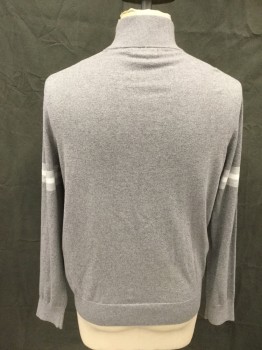 BANANA REPUBLIC, Heather Gray, White, Lt Gray, Cotton, Cashmere, Heather Gray with Light Gray and White Stripes on Biceps, 1/2 Zip Up, Ribbed Knit High Neck/Waistband/Cuff