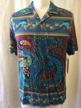 TOPMAN, Turquoise Blue, Maroon Red, Mustard Yellow, Black, Cotton, Graphic, Self Toucan/Alligator/Leaf Print, See Photo Attached, Short Sleeves, Notched Collar, Button Front,