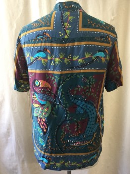 TOPMAN, Turquoise Blue, Maroon Red, Mustard Yellow, Black, Cotton, Graphic, Self Toucan/Alligator/Leaf Print, See Photo Attached, Short Sleeves, Notched Collar, Button Front,