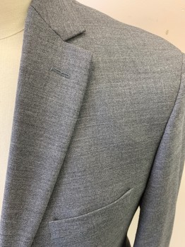 JOS A BANKS, Heather Gray, Wool, Spandex, Heathered, Suit Jacket, Button Front, 2 Buttons, 3 Pockets, Notched Lapel, 4 Button Sleeves, Double Vent