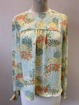 Womens, Blouse, ZARA BASICS, Cream, Navy Blue, Lt Yellow, Lt Blue, Green, Polyester, Floral, M, Long Sleeves, Pullover, Smocked Yoke and Sleeve Cuffs, Keyhole with Button Center Back,