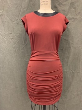 Womens, Dress, Short Sleeve, BCBG, Maroon Red, Polyester, Spandex, Solid, 6, Black Contrasting Scoop Collar, Cap Sleeve, Skirt Gathered at Side Seams, Open Back, Snap Triangular Back with Straps, Black Trim