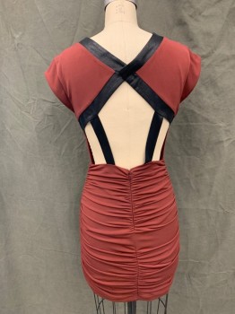 Womens, Dress, Short Sleeve, BCBG, Maroon Red, Polyester, Spandex, Solid, 6, Black Contrasting Scoop Collar, Cap Sleeve, Skirt Gathered at Side Seams, Open Back, Snap Triangular Back with Straps, Black Trim
