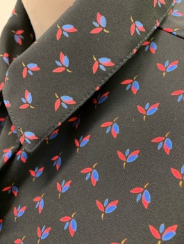AMERICAN APPAREL, Black, Cornflower Blue, Red, Polyester, Floral, Tiny Flowers Pattern, Short Sleeves, Button Front, Cropped with Self Ties at Waist, Collar Attached