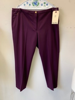 CALVIN KLEIN, Dk Purple, Polyester, Rayon, Solid, Flat Front, 4 Pockets,