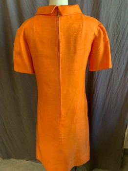 MTO, Orange, Silk, Solid, Gather with Folded Over Collar Attached with 1 Orange Button, Solid Orange Lining, Short Sleeves, 2 Hidden Side  Pockets, Zip Back, (***TEAR/RIPPED HOLE on Left Pocket Bottom***) & (***FRAYED Left Collar, Left Shoulder & Left Sleeve Hem)