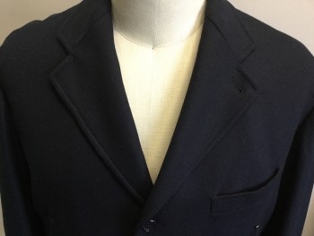 Mens, Coat, Overcoat, TURIST, Navy Blue, Wool, Cashmere, Solid, 44, Single Breasted, Notched Lapel, 5 Pockets,