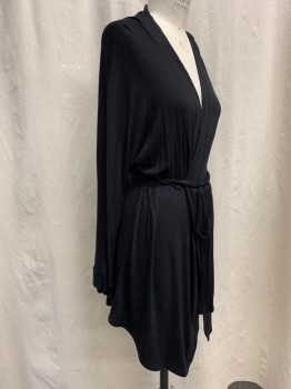 Womens, SPA Robe, HONEYDEW, Black, Rayon, Spandex, Solid, L, Long Sleeves, Shawl Collar, Self Tie Waistband, Curved Hem, Above the Knee Length